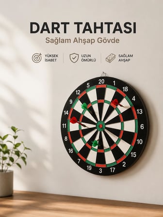 Evde, Ofiste ve Oyun Alanlarında Kullanıma Uygun Sağlam Ahşap Gövdeli Dart Tahtası