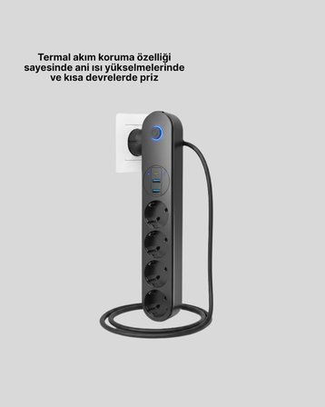 4 Priz 2 USB 1 Type-C Akım Korumalı Çoklu Priz Led Anahtarlı -