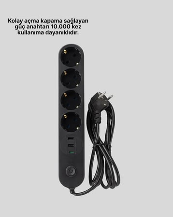 4 Priz 2 USB 1 Type-C Akım Korumalı Çoklu Priz Led Anahtarlı