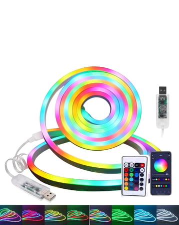 Akıllı RGB LED Neon Şerit Işık 3M USB Bağlantılı Uzaktan Kumanda ve Mobil Uygulama Kontrolü -