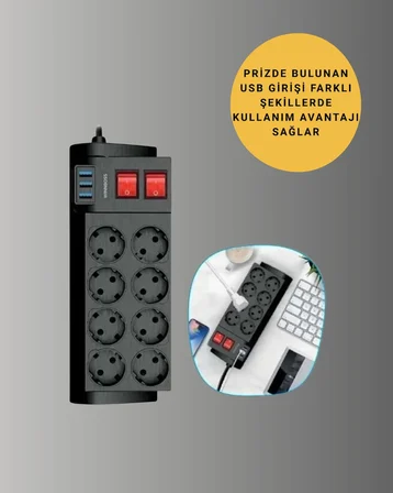 Akım Korumalı 8’li Priz 3 USB’li Uzatma Kablosu Isıya Dayanıklı 2 Metre