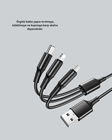 Evrensel 3 Başlıklı Şarj Kablosu – iPhone Huawei Samsung Uyumlu