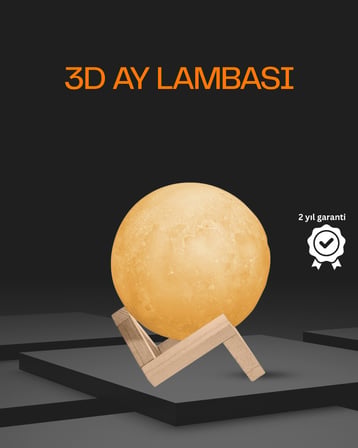 Ahşap Standlı 3D Baskı Ay Lambası 16 Renkli ve Şarjlı -