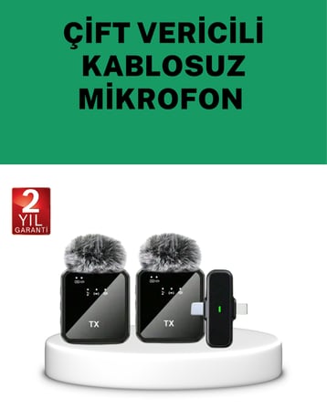 Canlı Yayın ve Video Çekimleri İçin Çiftli Kablosuz Yaka Mikrofon -