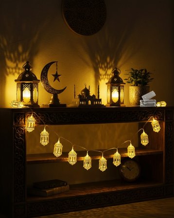 Pilli Altın Fenerli Ramazan Işıkları Dekoratif LED Zincir -