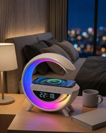 Kablosuz Şarjlı LED Işıklı Masa Saati Bluetooth Hoparlör Alarm Fonksiyonlu -