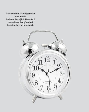 Alarmlı Dekoratif Yuvarlak Masa Saati Gümüş Renk Sessiz ve Işıklı