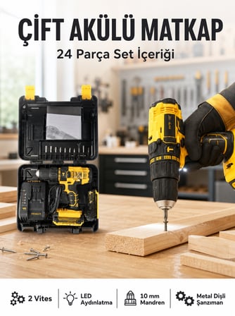 Matkap Seti 24 Parça Çift Bataryalı Darbeli Led Işıklı Vidalama Yeni Nesil -