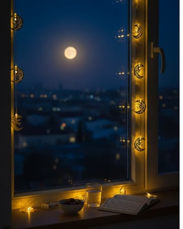 Pilli Minareli Hilal LED Işık Gold Metal Ramazan Dekorasyonu -