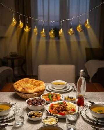 Pilli Minareli Hilal LED Işık Gold Metal Ramazan Dekorasyonu -