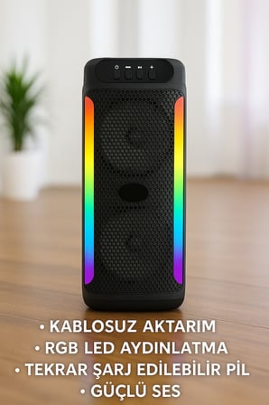 RGB Işıklı Çift Hoparlörlü Taşınabilir Bluetooth Speaker ve Mikrofon Yeni Nesil -