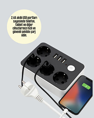 3 USB Çıkışlı 4’lü Akıllı Priz 2500W 2 Metre Kablo