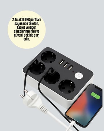 7 Cihazı Aynı Anda Destekleyen 3 USB Portlu 4’lü Priz -