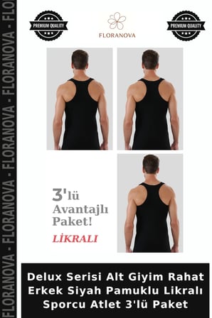 Delux Serisi Alt Giyim Rahat Erkek Siyah Pamuklu Likralı Sporcu Atlet 3'lü Paket