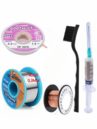 MECHANİC Soldering 63SN/37PB Lehim Teli 03MM 40Gr Ve Flux Lehim Toplama Ve CP 2015 Emme Teli 5in1 Set