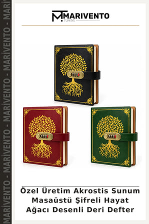 Özel Üretim Akrostis Sunum Masaüstü Şifreli Hayat Ağacı Desenli Deri Defter