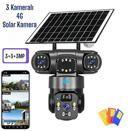 3 Kameralı 4G SIM Kart Destekli Solar Güvenlik Kamerası