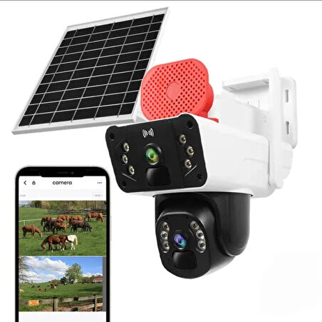 4G Solar Kamera Çift Kameralı Sim Kart Destekli Sirenli Güvenlik Kamerası