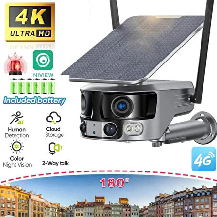 4G 180 Derece Açılı 4K/8MP Panoramik Solar Kamera