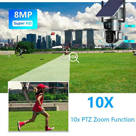 4G Solar Kamera 4K 8MP Çift Lensli Hareket Takipli 10X Optik Zoom