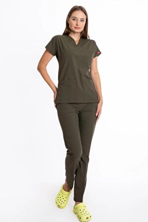 UÇAK MEDİKAL YAĞ YEŞİLİ U-FLEX KADIN LİKRALI CERRAHİ TAKIM-DOKTOR HEMŞİRE