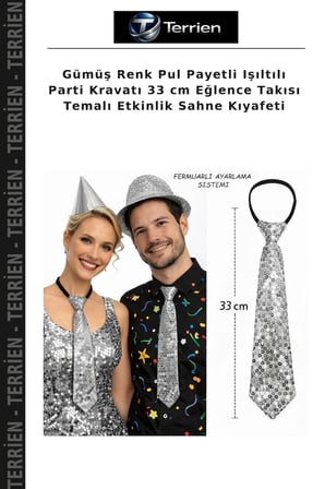 Gümüş Renk Pul Payetli Işıltılı Parti Kravatı 33 cm Eğlence Takısı Temalı Etkinlik Sahne Kıyafeti