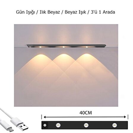 Sensörlü Şarjlı Mıknatıslı 3 Farklı Işık Renkli Dimmerli 40cm Siyah Cata Bella Ultra Slim Kabin Led