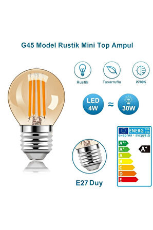 4 Watt Mini Top Ampul Led Filament G45 Amber Cam Rustik Ampul E27 Duy 1800k Amber Işık Rengi 3 Adet