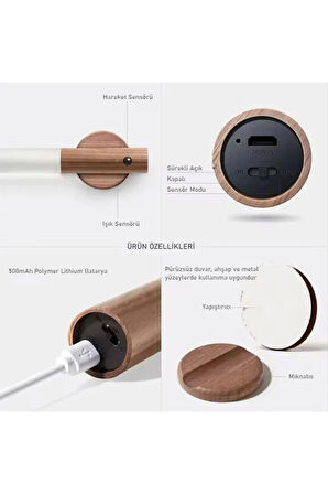 Sensörlü Şarjlı Led Aplik Mıknatıslı Ahşap Renk Cata Kumru Gün Işığı Led Aplik Type-C Duvar Lambası