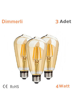 4 Watt Rustik Led Ampul 3 Adet St64 Dimmerli Rustik Armut Ampul E27 Duy Bal Cam Sarı Işık