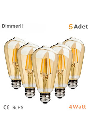 4 Watt Rustik Led Ampul 5 Adet St64 Dimmerli Rustik Armut Ampul E27 Duy Bal Cam Sarı Işık