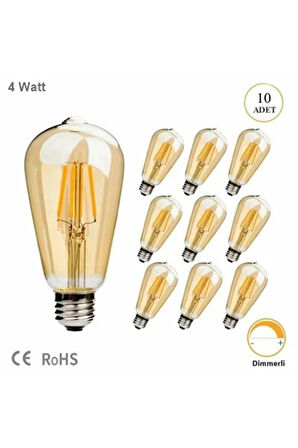 4 Watt Rustik Led Ampul 10 Adet St64 Dimmerli Rustik Armut Ampul E27 Duy Bal Cam Sarı Işık