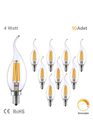 Rustik LED Ampul 4W E14 İnce Duy Gün Işığı 3200K 10 Adet Erd23 Lambam Dimmerli Kıvrık Mum Ampul