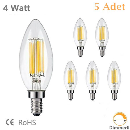 Rustik LED Ampul 4W E14 İnce Duy Gün Işığı 3200K 5 Adet Erd25 Lambam Dimmerli Düz Mum Filament Ampul