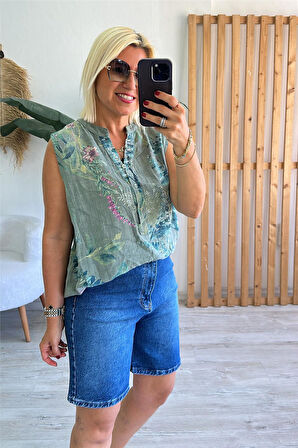 Haki Kolsuz Çiçek Desenli Pamuklu Gömlek