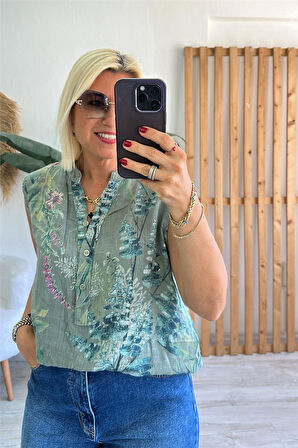 Haki Kolsuz Çiçek Desenli Pamuklu Gömlek