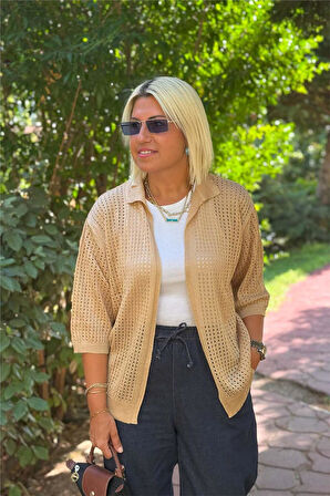 Camel Polo Yaka Yarım Kol File Hırka