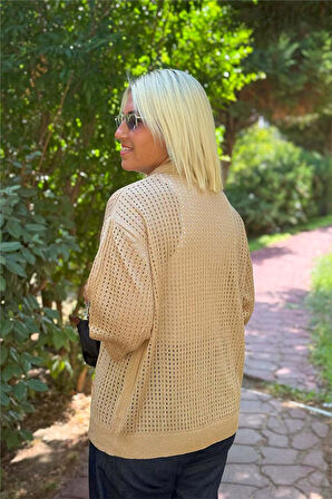 Camel Polo Yaka Yarım Kol File Hırka