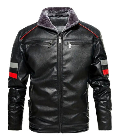 İçi Kürklü Kolları Yatay Kırmızı ve Gri Çizgili Mont