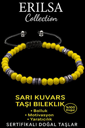 Sertifikalı Fasetli AAA+ Terahertz ve Sarı Kuvars Taşı Bileklik – İnce Model Neşe ve Enerji