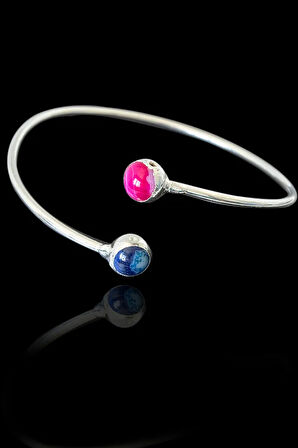 Sertifikalı Gümüş Renk Kelepçe Model Bileklik - (Pembe Akik - Mavi Akik Taşı)