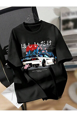 Unisex Japonya Araba Baskılı Oversize T-Shirt