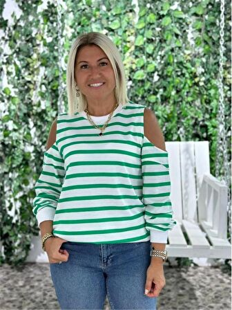 Yeşil Omuz Detay Çizgili Sweatshirt