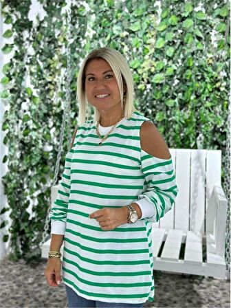 Yeşil Omuz Detay Çizgili Sweatshirt