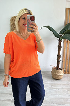 Orange V Yaka Mevsimlik İnce Triko