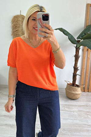 Orange V Yaka Mevsimlik İnce Triko