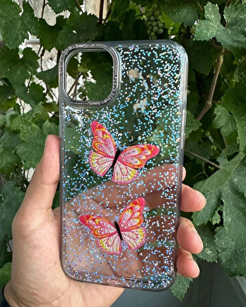 Apple iPhone 13 Uyumlu Taşlı Simli Kelebekli Kılıf
