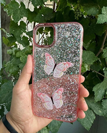 Apple iPhone 13 Pro Max Uyumlu Taşlı Simli Kelebekli Kılıf