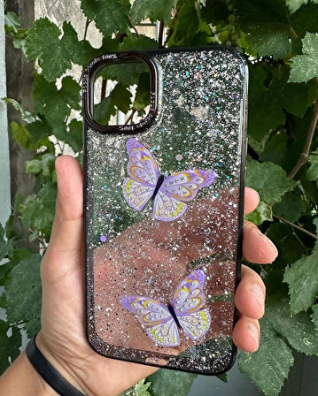 Apple iPhone 13 Pro Max Uyumlu Taşlı Simli Kelebekli Kılıf