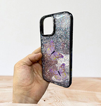 Apple iPhone 13 Pro Max Uyumlu Taşlı Simli Kelebekli Kılıf